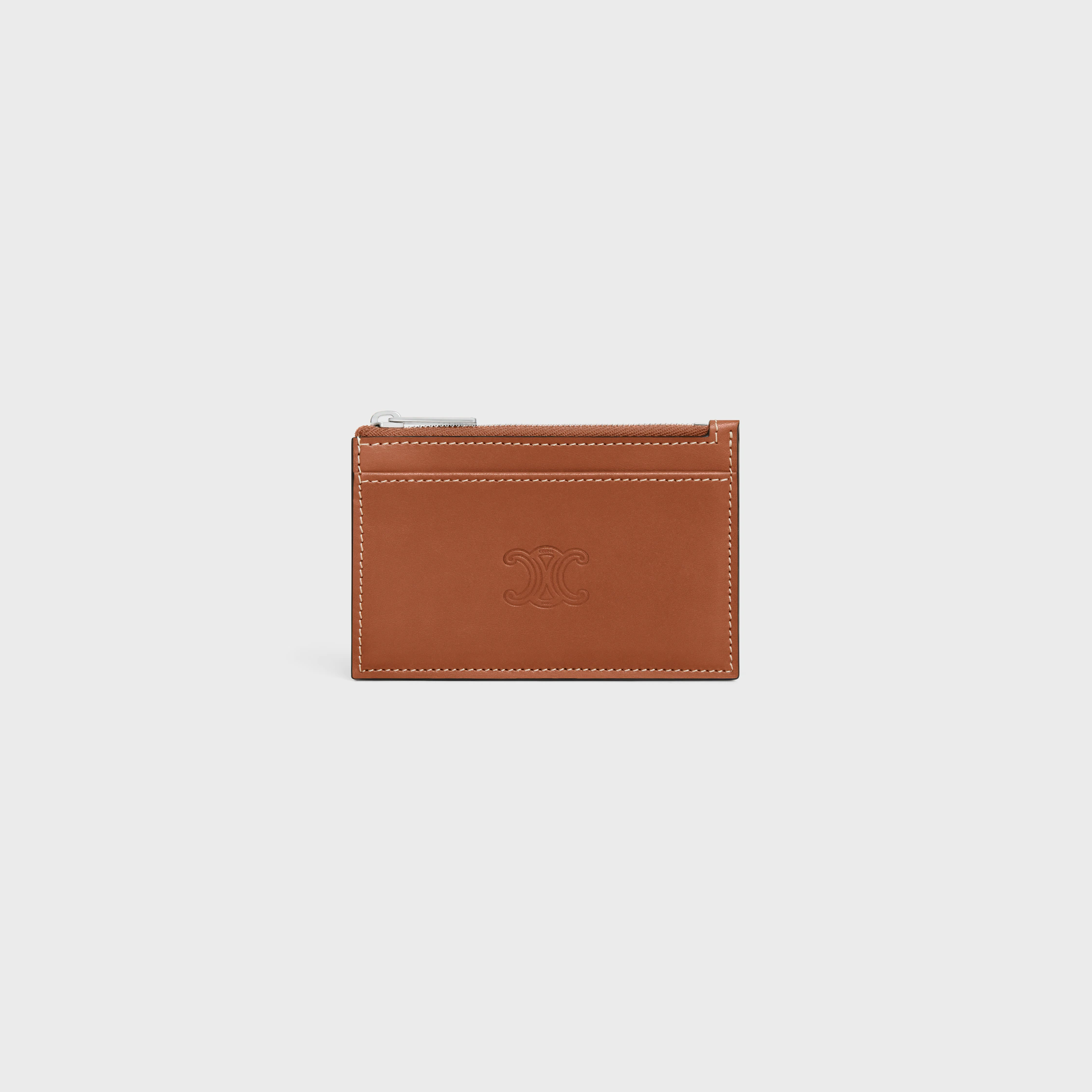Porta tarjetas con cremallera en cuero de ternera natural con relieve triomphe