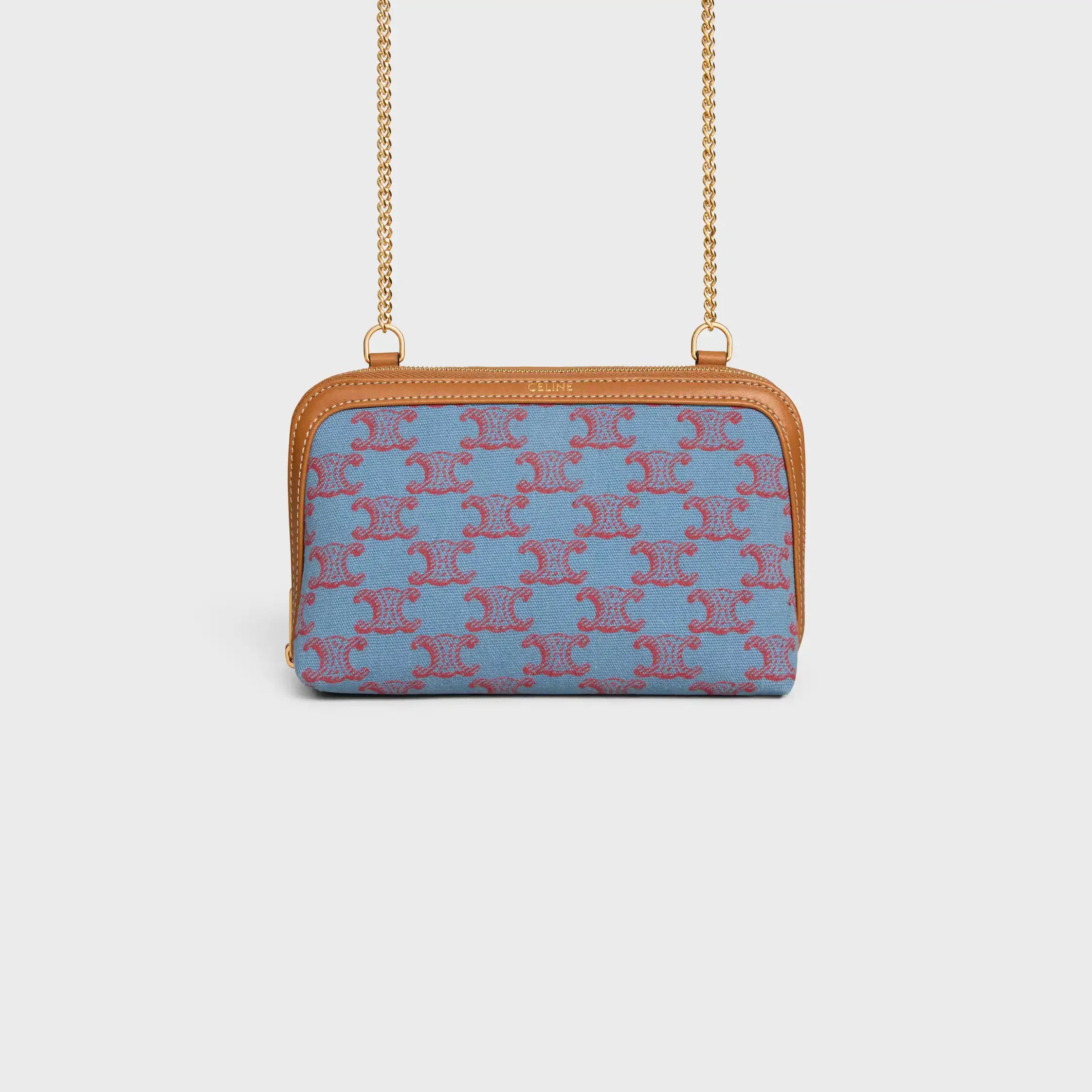 Clutch con cadena en tejido con estampado TRIOMPHE y piel de becerro natural